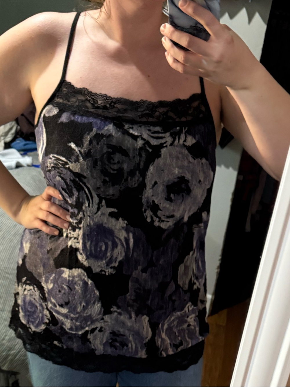 Maurices Black Floral Lace-Trim Camisole with Purple Accents